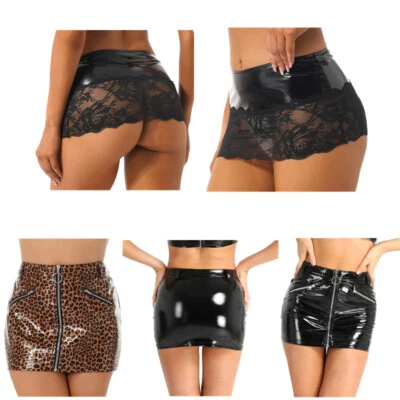 Wetlook Leder Minirock Damen Sexy Kurz Transparent Spitze Bodycon Rock Dessous - Bild 1 von 2
