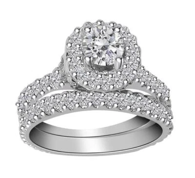 Bridal Set Halo Wedding Ring Round Diamond I1 G 2.00 Ct 14K White Gold Prong Set - Image 1 of 4