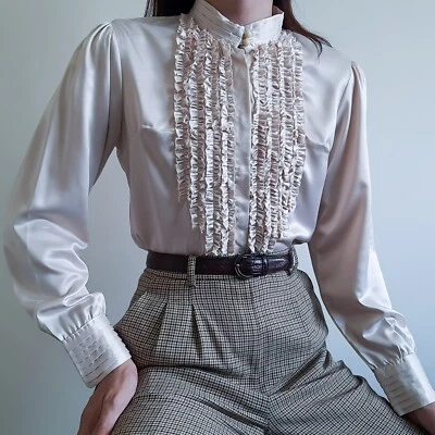 Camisa Vintage Beige Volantes Mujer Mangas Abullonadas Blusa ORLO VABATH Talla Xs-S Foto 1 de 4