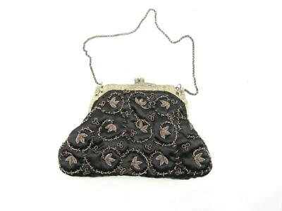 Monedero antiguo vintage coleccionable damas negro plata cambio cadena hojas Foto 1 de 4