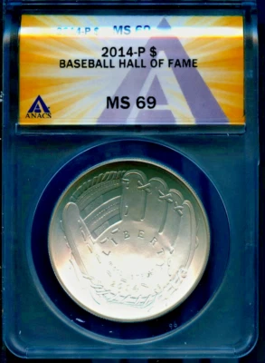 2014 $1 Silver Baseball Hall of Fame MS 69 ANACS # 7880504 + Bonus - Image 1 of 2