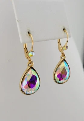 BRINCOS KIRKS FOLLY Aurora Borealis alavanca facetada gota de lágrima 1,5" gt 61 - Imagem 1 de 4