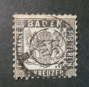 GERMANY, GERMANY, Old State 1862 BADEN "White Bottom Coat of Arms" 1K darkgra USED - Picture 1 of 1