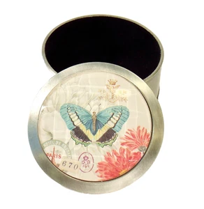Trinket Jewelry Box Round Brass Silver Tone Blue Butterfly Lid Fringe Studio - Picture 1 of 5