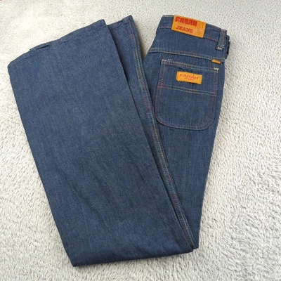 Vintage 1970s Farah Jeans Womens 31 XL Blue Flare Bell Bottoms Rainbow Stitch - Image 1 of 4