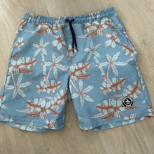 PENGUIN boy's Swim Board Shorts Hawaiian tropical print blue & orange 10-12 - Picture 1 of 3