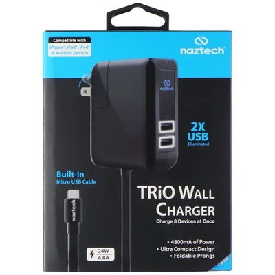 Cargador de pared Naztech TRiO con 2 puertos USB A y cable micro-USB incorporado - negro Foto 1 de 3