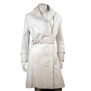 Feminin Touch Women's Dirty White Vintage Distressed Leather Slim Trench Coat - Picture 1 of 4