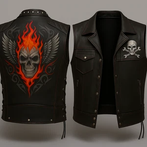 Men’s Black sheepskin Leather Biker Vest – Flaming Skull & Wings Design | Biker - Picture 1 of 3