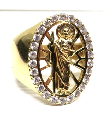 14K желтое золото религиозная печатка кольцо с St Jude sz 10,5 мужчин синтетические камни - Изображение 1 из 4