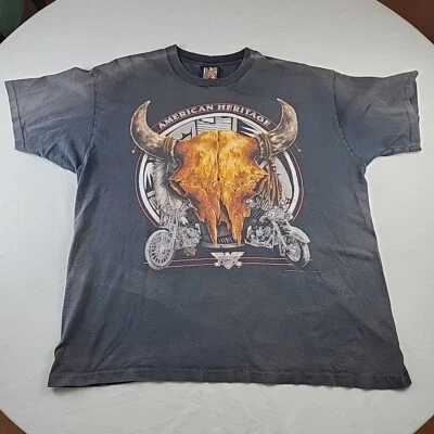 VTG 3D Emblem Bison Skull Short Sleeve Graphic Shirt Black XL Single Stitch 90s - Image 1 of 4