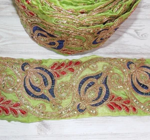 1m 8.5cm gold green sequin indian arabic flower braid lace wedding sari saree - Picture 1 of 1
