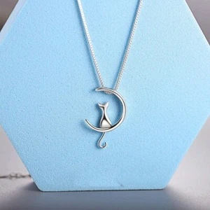 Cat Moon Stud Earring Pendant 925 Sterling Silver Necklace Womens Jewellery Gift - Picture 1 of 9