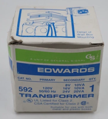Edwards Signaling 592 Class 2 Transformer 120V 50/60hz Primary, New In Box - Image 1 of 3
