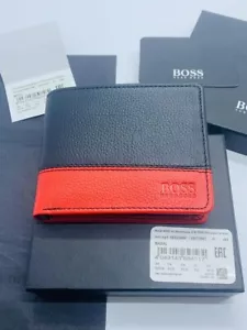 BRAND NEW HUGO BOSS MENS MADIAL RED AND BLACK LEATHER BI FOLD WALLET COIN POCK - Picture 1 of 8