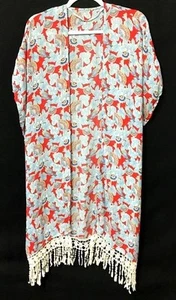 Forever 21 ONE SIZE red blue floral sheer see through fringe hem cardigan top - Picture 1 of 4