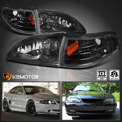 Fits 1994-1998 Ford Mustang Black Headlights+Corner Lamps Turn Signal Left+Right - Image 1 of 4