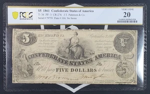 1861 Confederate States $5 Note T-36 - PCGS Graded VF 20 - Picture 1 of 4