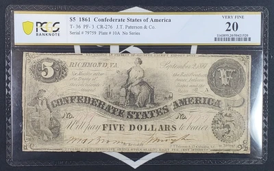 1861 Confederate States $5 Note T-36 - PCGS Graded VF 20 - Image 1 of 4