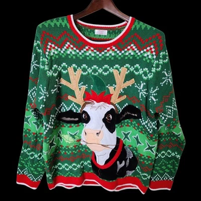 Suéter Feo Navidad XL Vaca Reno Cuernos Elfo Sombrero Vacaciones Verde Rojo Foto 1 de 4