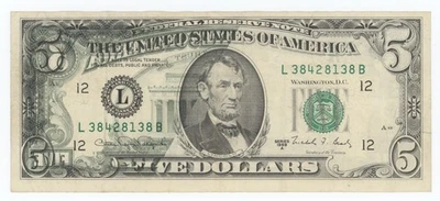 $5.00 1988A Off-Set Printing Error. F-1979L  Problem Free Note - Image 1 of 2