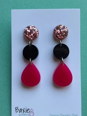 Glitter Resin & Acrylic Dangle Earrings, Surgical Steel Stud, Pink & Black - image 1 of 3