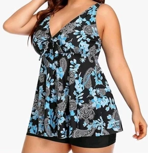 NWT YONIQUE Boyshort Tankini Set Floral Paisley 28W Removable Pads Black & Blue - Picture 1 of 8