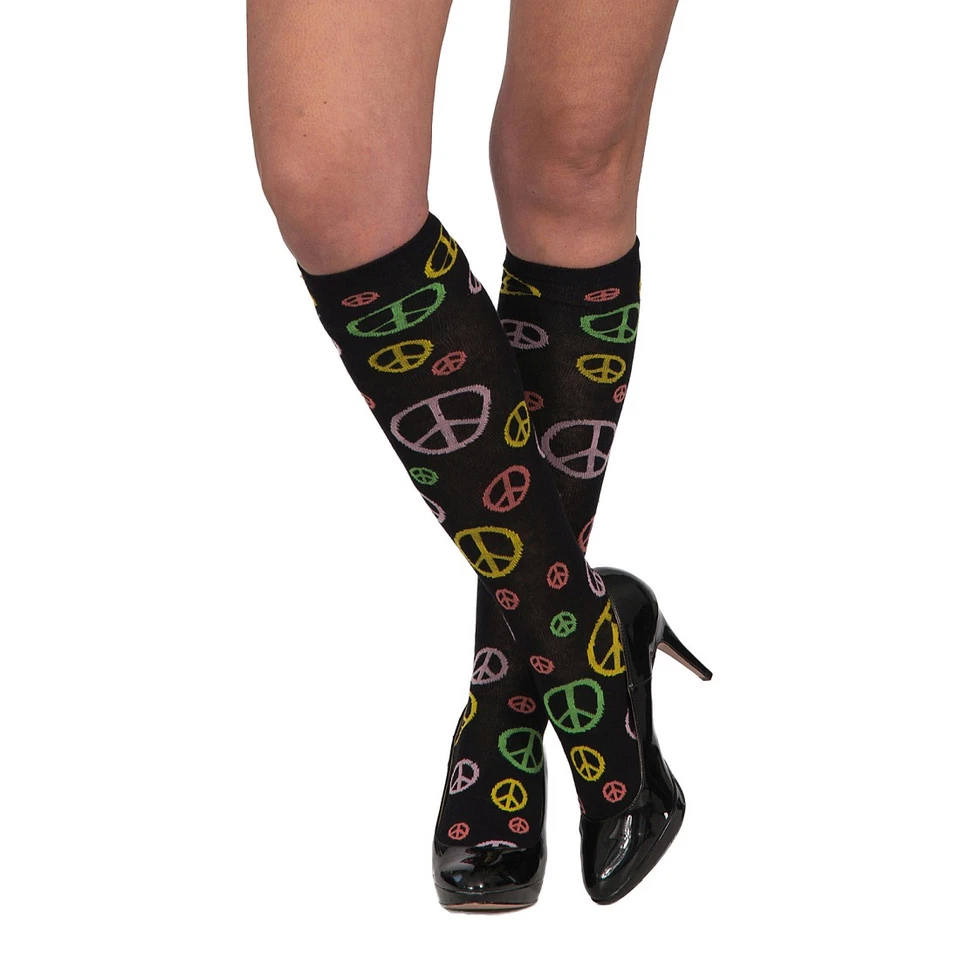 Halterlose 60er Jahre Strümpfe Hippie Kniestrümpfe Flower Power Peace Overknees - Bild 1 von 1