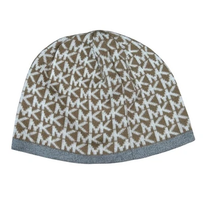 Michael Kors Para Mujer MK Logo Tejido Gorro Invierno Cálido Bronceado Blanco Diseñador Elegante Foto 1 de 4