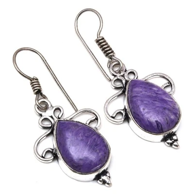 Cheroite Gemstone Handmade Gift For Her Silver Jewelry Earrings 1.5'' - Image 1 of 4