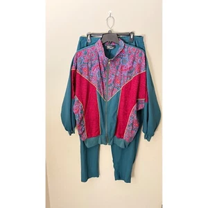 Vintage Velour Komar Tracksuit Set Teal Pink Floral Zip Up Jacket Pants 1X - Picture 1 of 11