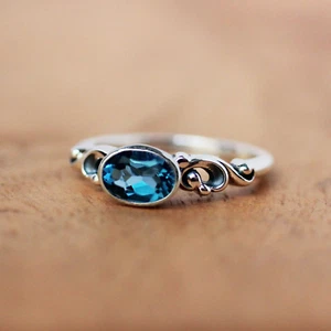 Natural Blue Topaz Gemstone 925 Sterling Silver Ring Handmade Women Gift A-309 - Picture 1 of 7