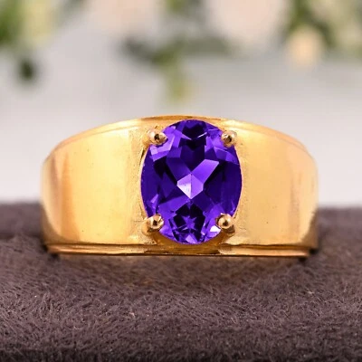 Anillo de oro amarillo macizo de 14K para hombre amatista genuina facetada piedras preciosas hecho a mano regalo Foto 1 de 3