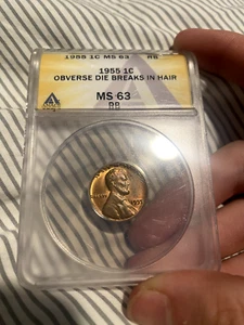 1955 Lincoln Wheat Cent Penny ANACS MS63RB Looks Red Obverse Hair Die Breaks DDO - Picture 1 of 5