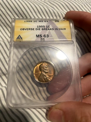 1955 Lincoln Wheat Cent Penny ANACS MS63RB Looks Red Obverse Hair Die Breaks DDO - Image 1 of 4