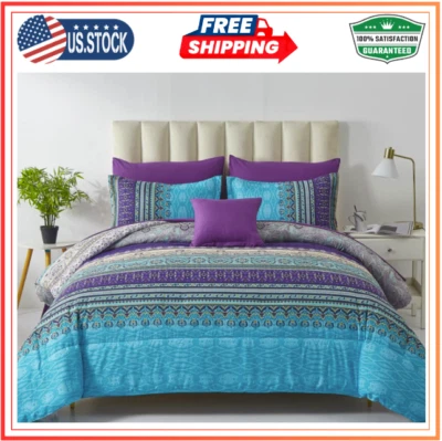 COTTOLESTER Boho Comforter Set Size 8 Piece Bed in a Bag Bohemian Striped Bedding Full Aqua