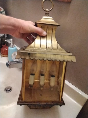 VINTAGE BRASS LIGHT FIXTURE LAMP 3 PANEL Yellow Slag GLASS 19.5" X 9" GC Cover