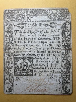 Connecticut 1780 Colonial Currency Note 10 Shillings Bill Hartford June 1st - Image 1 of 2
