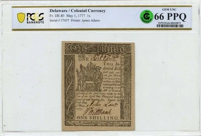 1777 May 1, 1s Delaware Colonial Note FR#DE-85 PCGS GEM 66 PPQ GCC Green - Image 1 of 2