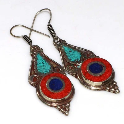 Pendientes de piedras preciosas tribales nepalíes coral rojo turquesa tibetano 20 gms 2" JW Foto 1 de 3