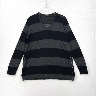 THEORY Ingora Underline Wool Sweater Black Gray Striped V-neck Button Detail - Image 1 of 4
