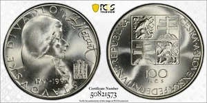 1991 Czechoslovakia Silver 100 korun Composer Mozart Theatre coin - PCGS MS66 - Picture 1 of 4