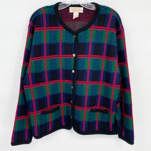 TALLY HO XL Extra Large Blue Green Plaid Long Sleeve Sweater Cardigan Acrylic - Picture 1 of 4