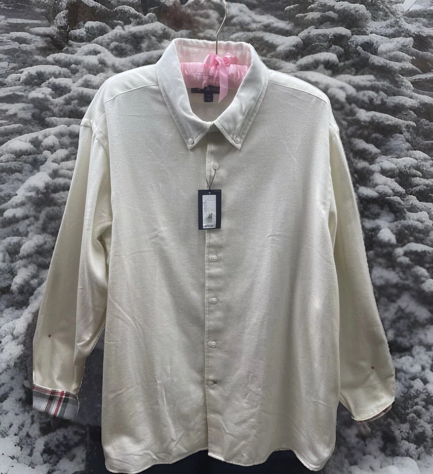 CREMIEUX CLASSICS Men’s Cotton Woven Shirt Button Up Ivory XXL New Plaid Trim - Image 1 of 4
