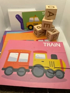Kids Wooden Box Spelling Blocks and Wooden Jigsaw Puzzles - Picture 1 of 5
