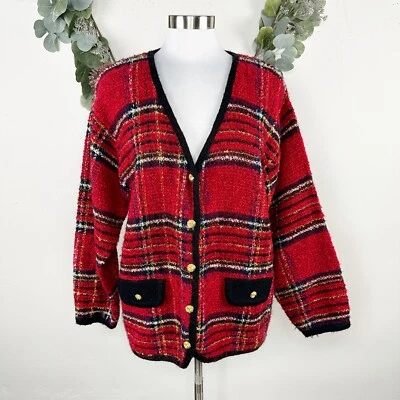 Винтажный 90-х женщин свитер M шерсти клетку красный большого размера опрятный кардиган v-образным вырезом - Изображение 1 из 4