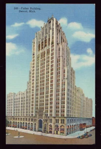 MICHIGAN MI Detroit Fisher Building Street Scene Cars Linen postcard - Picture 1 of 2