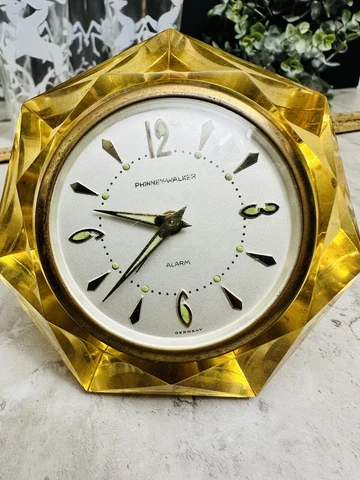 Vintage Semca Co. Phinney-Walker Lucite Yellow Diamond Cut Alarm Clock Germany Cover
