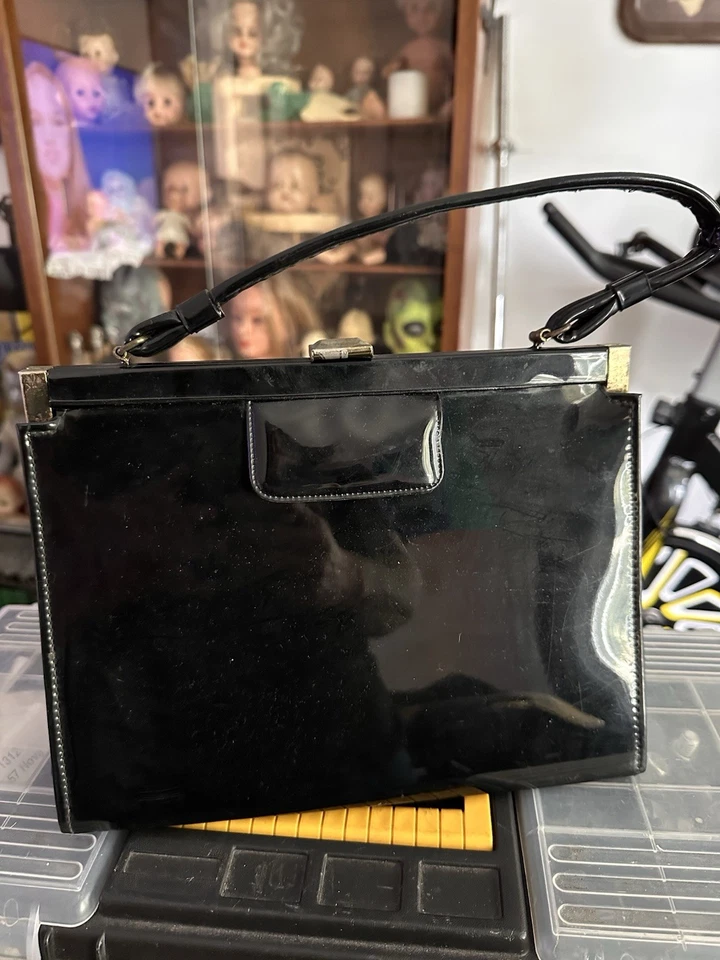 Bolso de mano vintage años 60 David 5th Avenue charol negro cierre Art Deco Foto 1 de 1