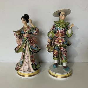 Vintage Pair of Liani of Italy Hand Painted Porcelain Oriental Figurines Gold - Picture 1 of 11